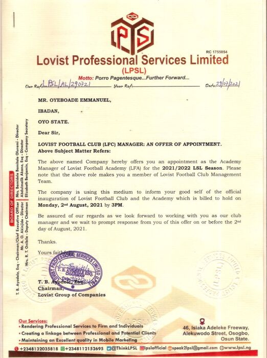 Emmzysports Publisher Emmanuel Appointed Manager of Lovist Football Club Academy.