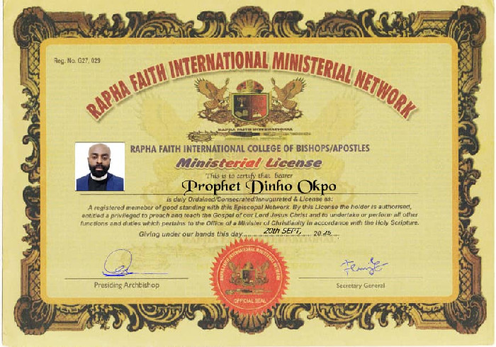 From football to Ministry Prophet Dinho Okpo Receives Ministerial Licence from Rapha Faith International Ministerial Network